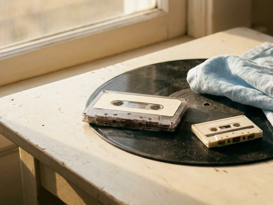 A cassette and microcassette resting on a vinyl record