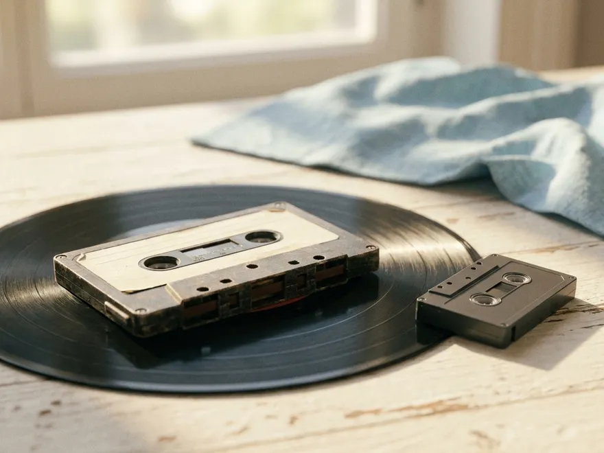 An audio cassette resting on a vinyl record with a microcassette beside them