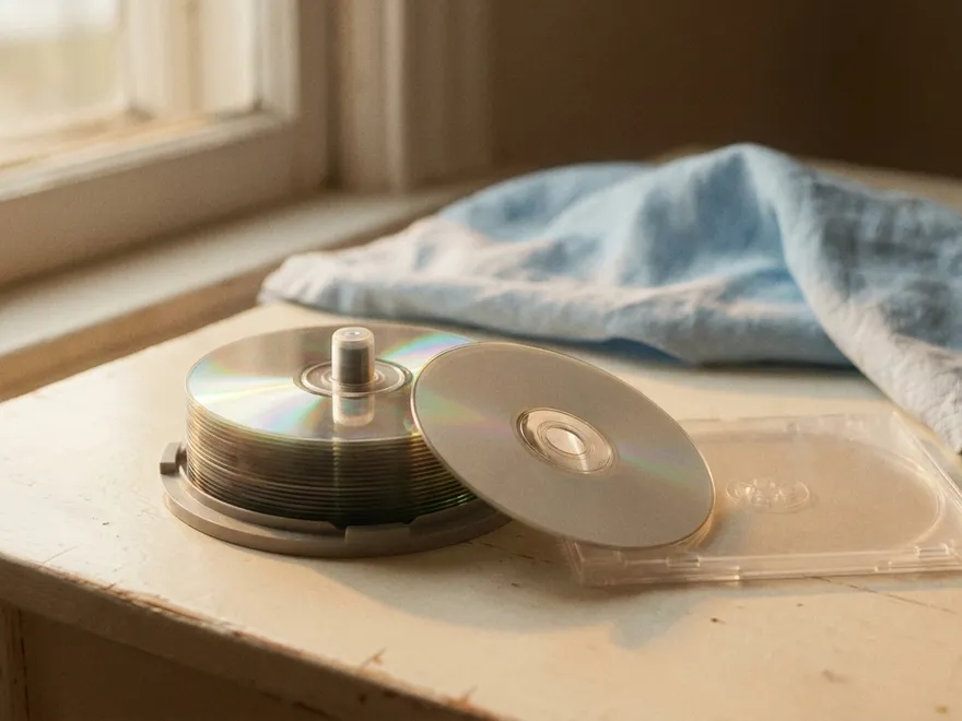 A spindle of recordable DVDs and CDs with a jewel case