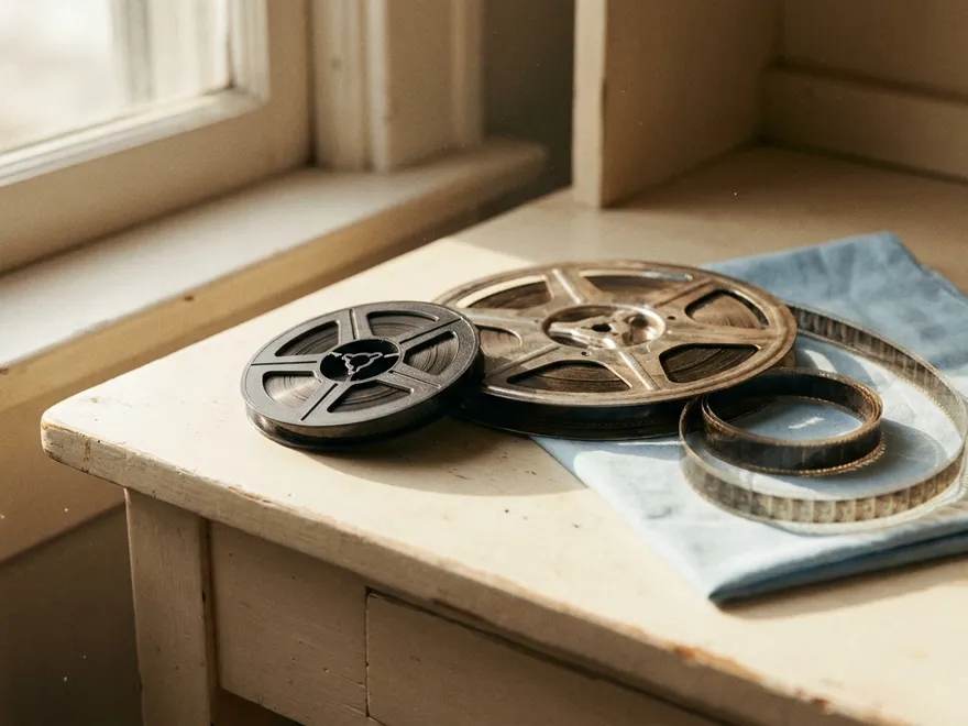 Vintage 8mm and Super 8 film reels on a pale blue cloth