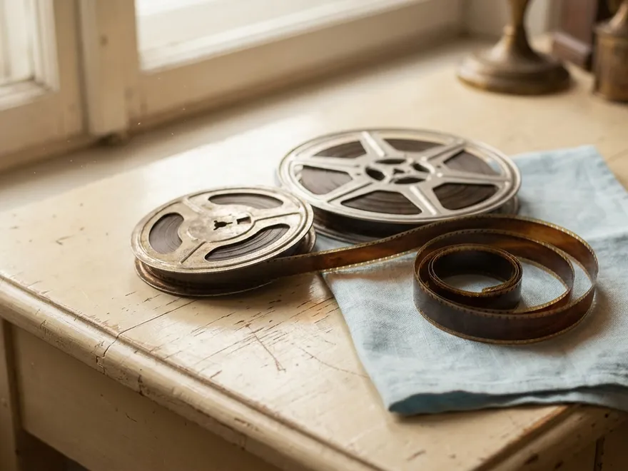 8mm and Super 8 home-movie reels with a strip of film unspooled