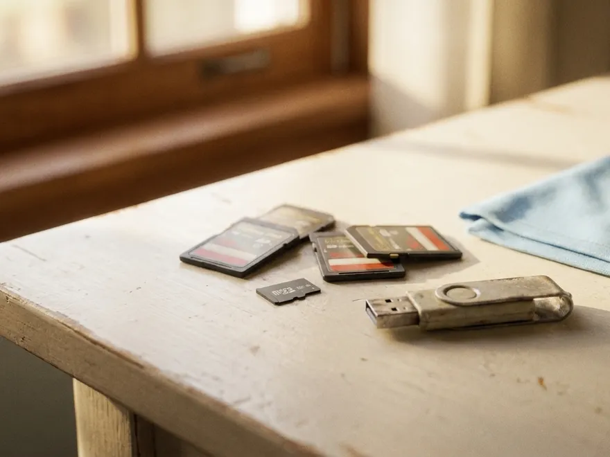 SD memory cards and a USB thumb drive on a desk