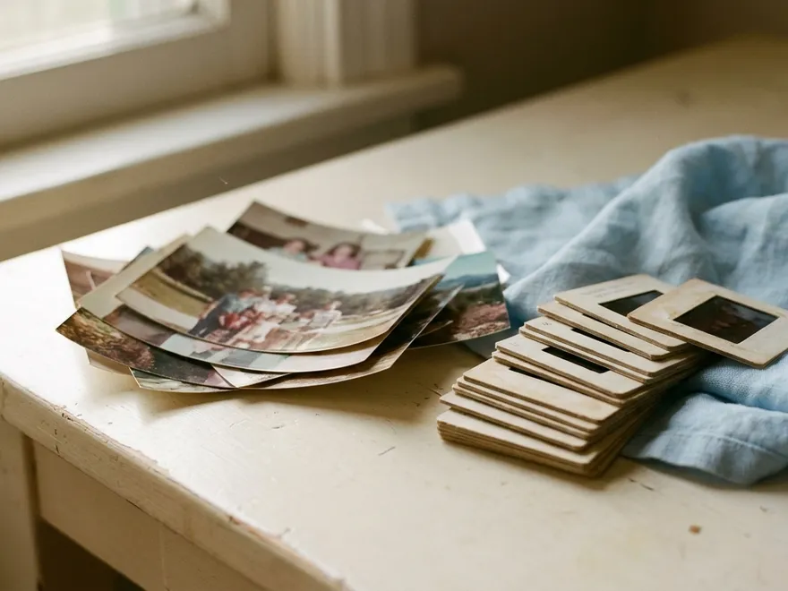 A stack of vintage snapshots beside mounted 35mm slides