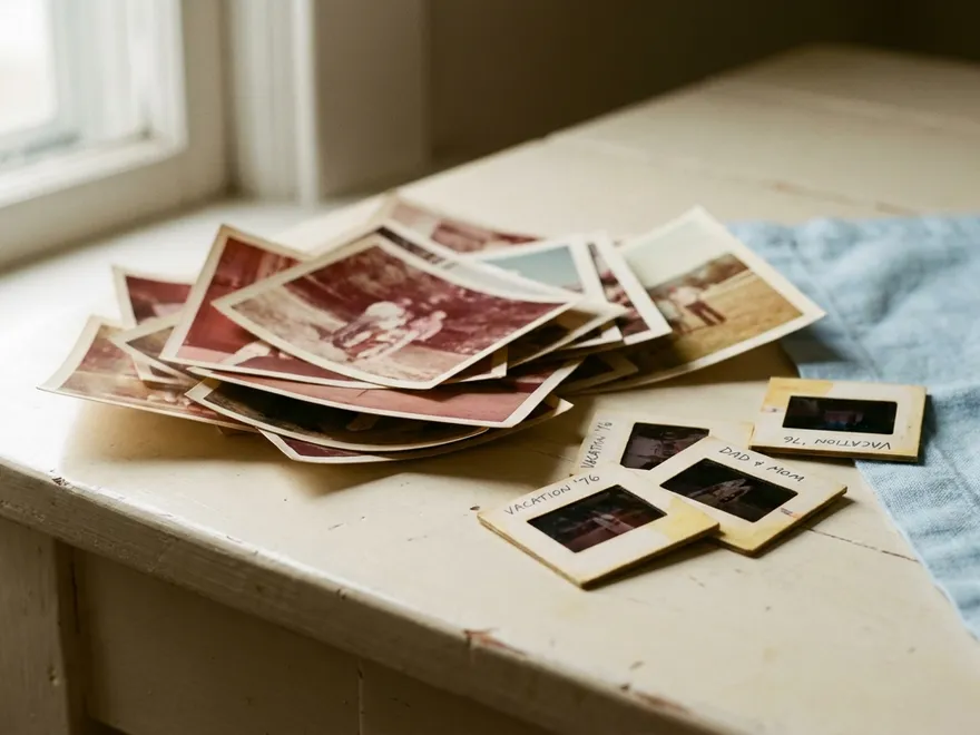 A pile of faded vintage snapshots beside cardboard-mounted 35mm slides