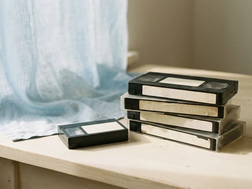 VHS tapes and a compact VHS-C cassette by a window