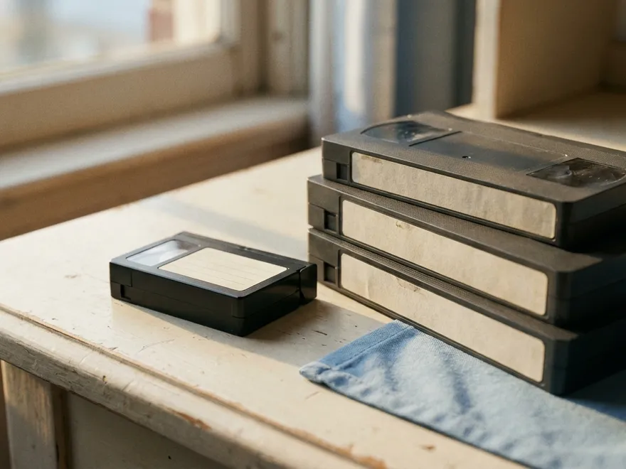 A stack of VHS camcorder tapes with blank labels in warm window light
