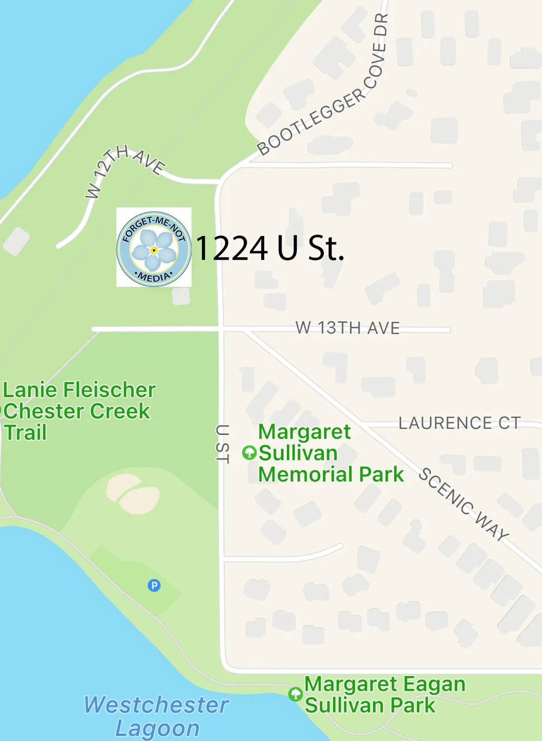 Hand-drawn map showing the Forget-Me-Not Media studio location at 1224 U Street in downtown Anchorage