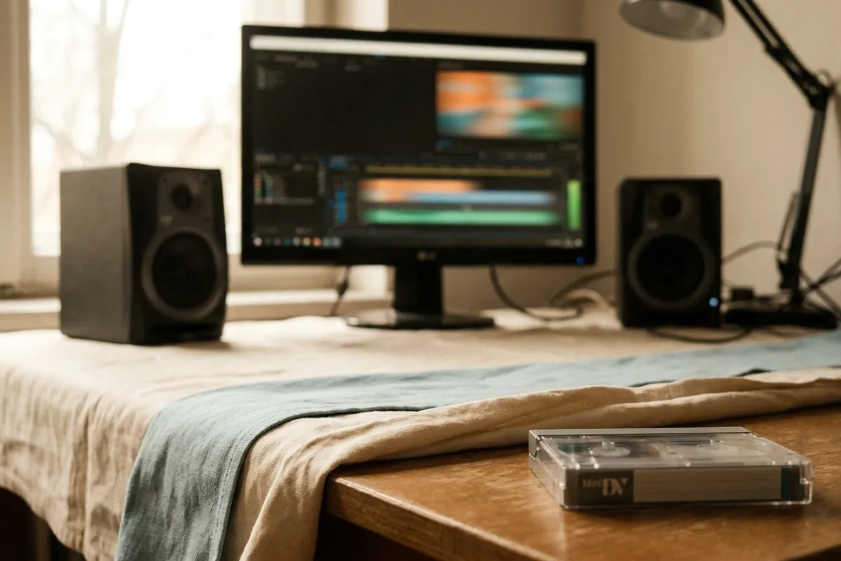 An editing desk with studio speakers, a monitor showing a soft-focus timeline, and a MiniDV tape