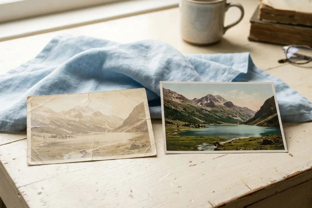 Two copies of the same vintage photograph, one faded and one restored to full color