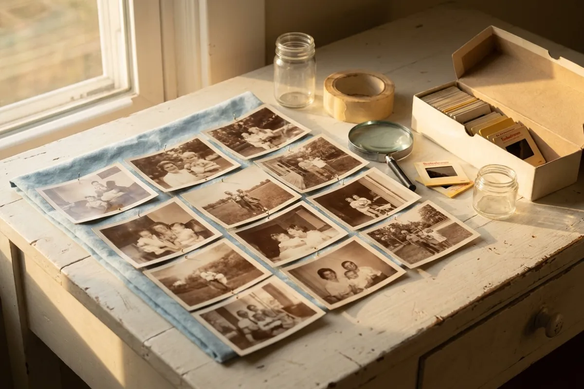 Vintage snapshots arranged in a storyboard grid beside an open slide box